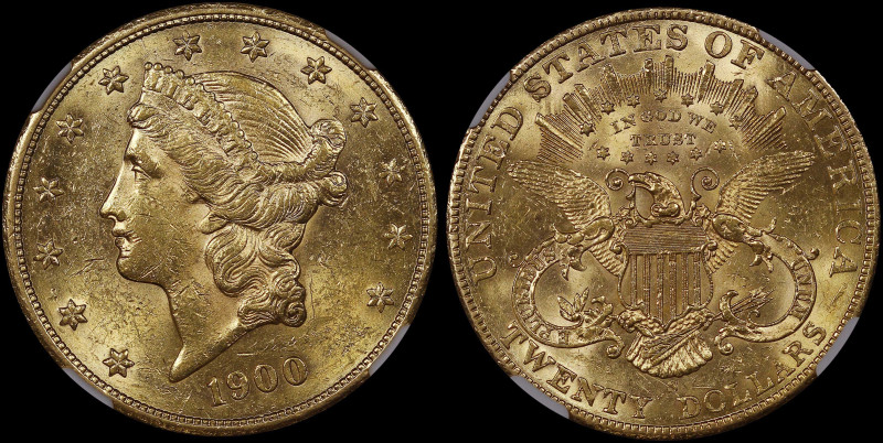 USA: 20 Dollars (1900 S) in gold (0,900). Liberty (coronet head) facing left on ...