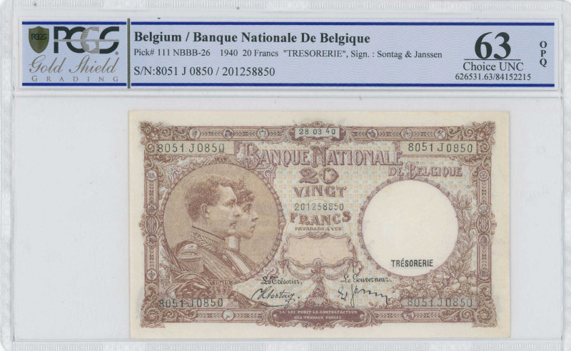 BELGIUM: 20 Francs (28.3.1940) in brown on light blue and brown unpt. Portrait o...