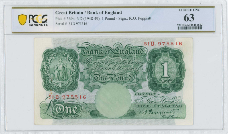 GREAT BRITAIN: 1 Pound (ND 1948-49) in green. Seated Britannia at upper left on ...