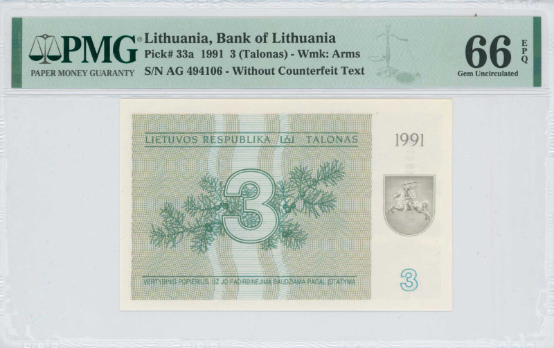 LITHUANIA: 3 Talonas (1991) in dark green and gray on blue-green, ochre and brow...