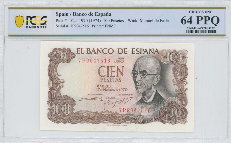 SPAIN: 100 Pesetas (17.11.1970) in brown on pale orange and multicolor unpt. Man...