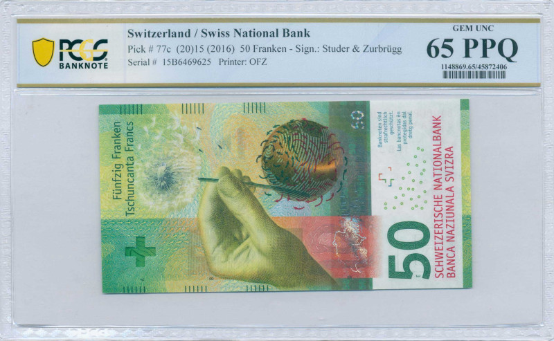 SWITZERLAND: 50 Franken (2015) in green and orange brown. Hand holding dandelion...