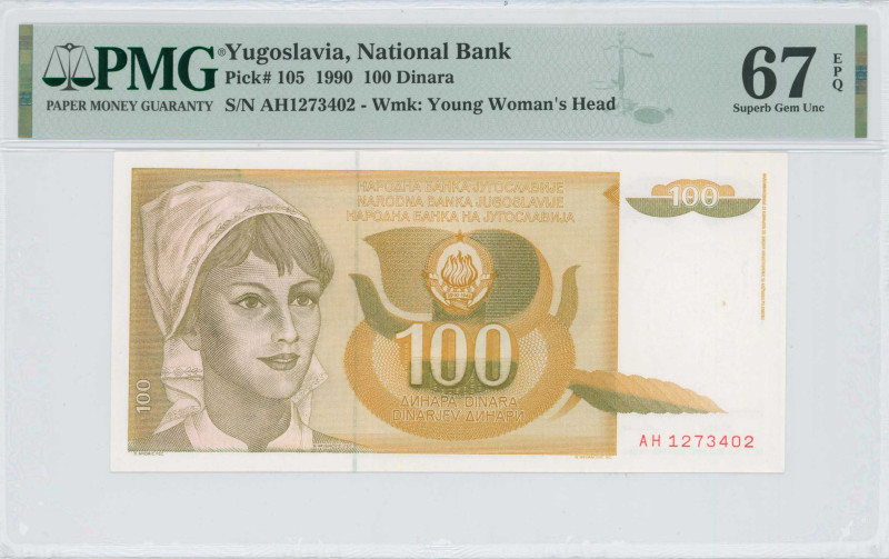 YUGOSLAVIA: 100 Dinara (1.3.1990) in light olive-green on orange and gold unpt. ...