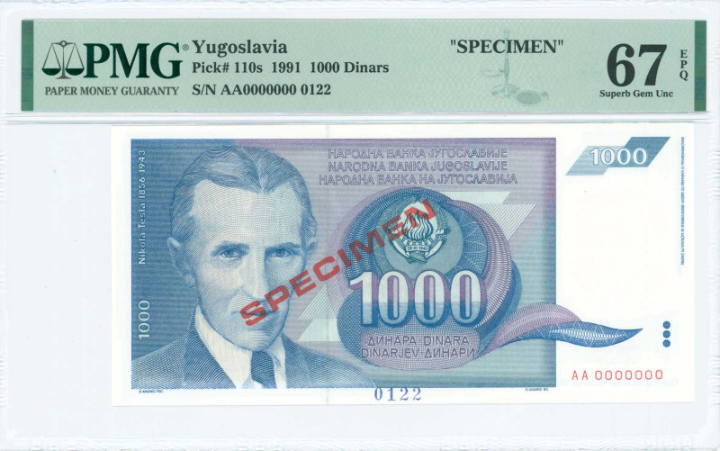 YUGOSLAVIA: Specimen of 1000 Dinara (1991) in blue and purple. Nicola Tesla at l...