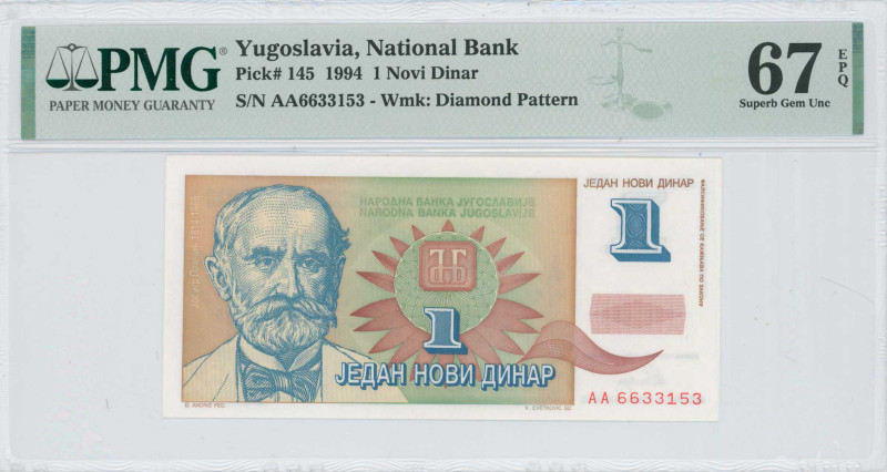 YUGOSLAVIA: 1 Novi Dinar (1.1.1994) in blue-gray and brown on pale, olive-green ...