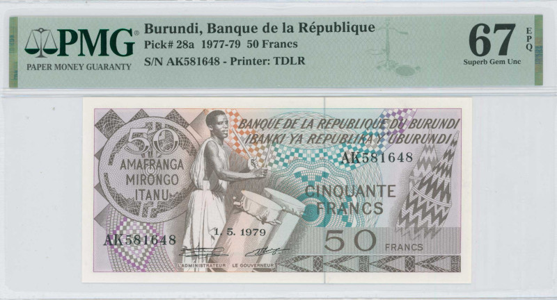 BURUNDI: 50 Francs (1.5.1979) in brown on multicolor unpt. Drummer at left cente...