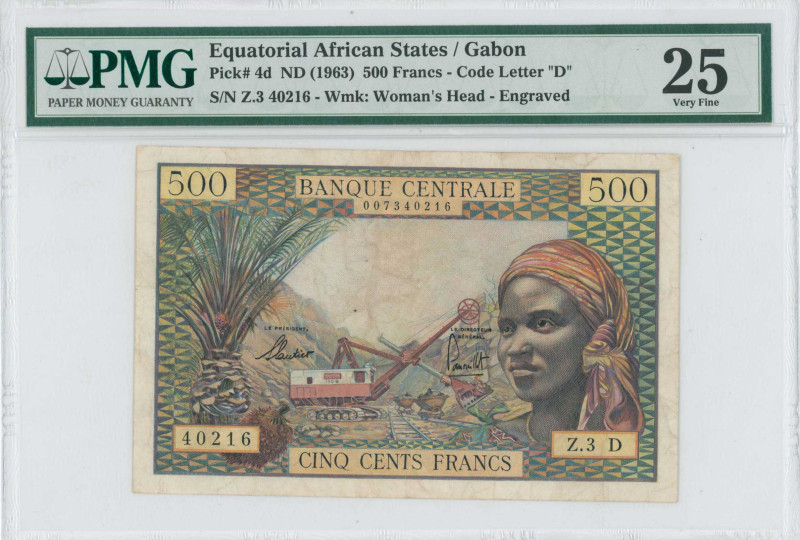 EQUATORIAL AFRICAN STATES / GABON: 500 Francs (ND 1963) in green and multicolor....