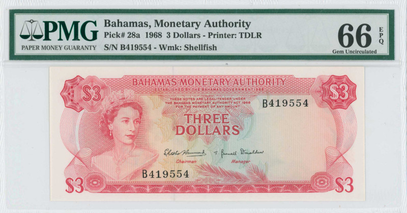 BAHAMAS: 3 Dollars (Law 1968) in red on multicolor unpt. Queen Elizabeth II at l...