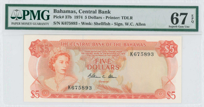 BAHAMAS: 5 Dollars (Law 1974) in orange on multicolor unpt. Queen Elizabeth II a...