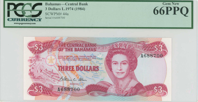 BAHAMAS: 3 Dollars (Law 1974 / ND 1984) in red-violet on multicolor unpt. Mature...