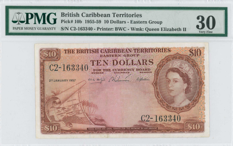 BRITISH CARIBBEAN TERRITORIES: 10 Dollars (2.1.1957) in brown on multicolor unpt...