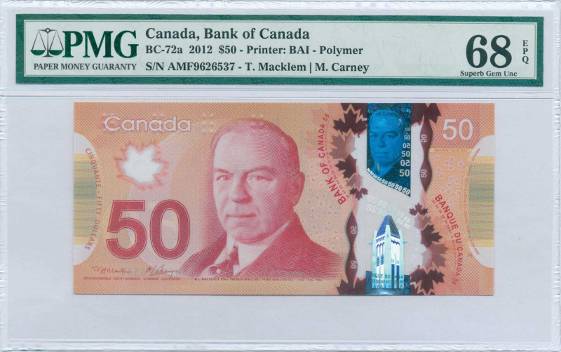 CANADA: 50 Dollars (2012) in light and dark red and multicolor. Mackenzie King a...