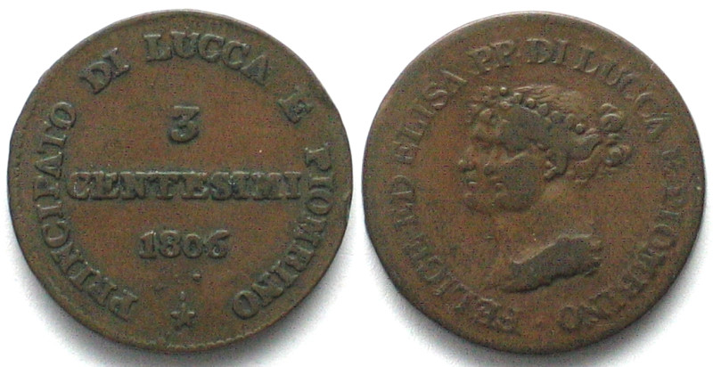 LUCCA. 3 Centesimi 1806, Felix & Elisa, copper, VF+, KM# 21.