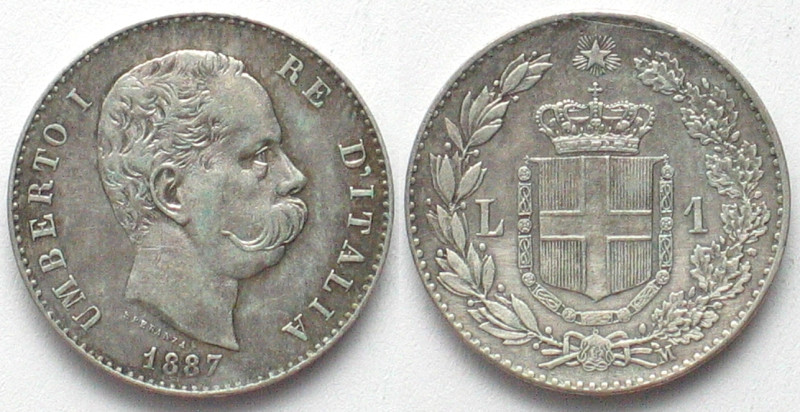 ITALY. 1 Lira 1887 M, UMBERTO I, silver, AU! KM# 24.2.