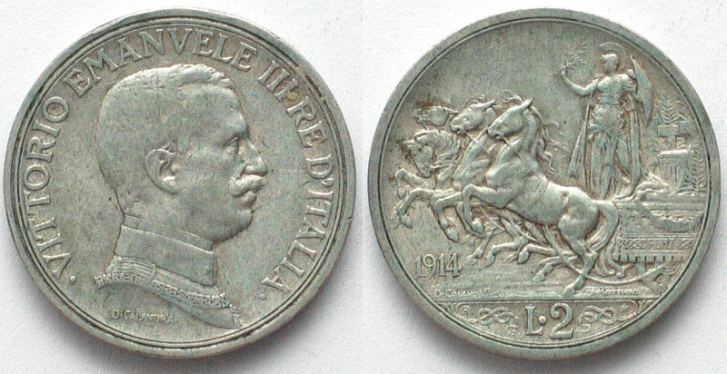 ITALY. 2 Lire 1914, Vittorio Emanuele III, silver, AU, KM# 55.