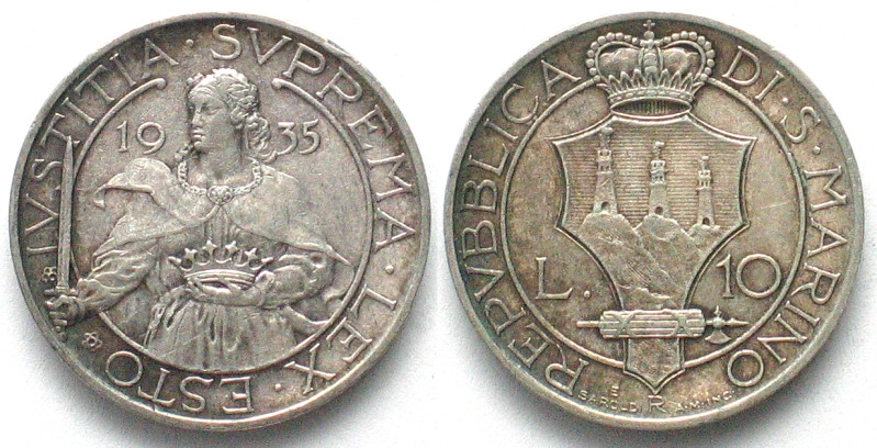 SAN MARINO. 10 Lire 1935, silver, UNC-! KM# 10.