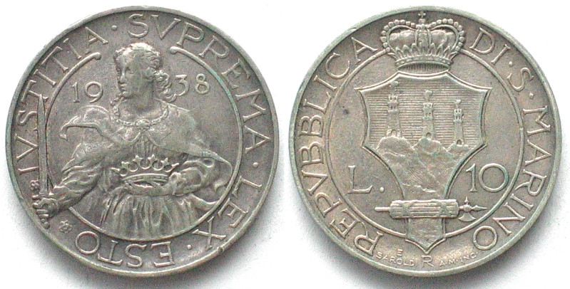 SAN MARINO. 10 Lire 1938, key date! silver, AU, KM# 10.