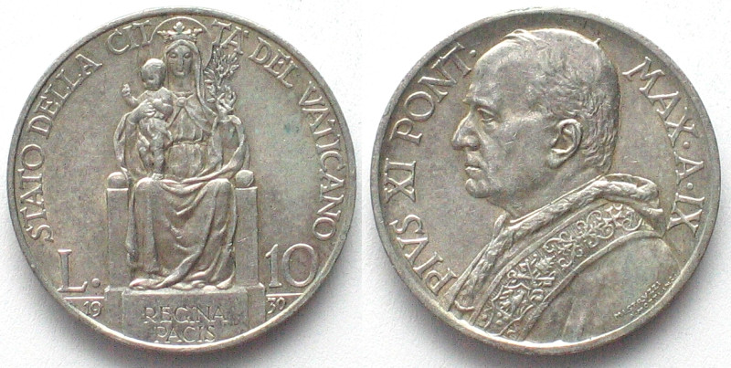 VATICAN. 10 Lire 1930, PIUS XI, silver, UNC-! KM# 8.