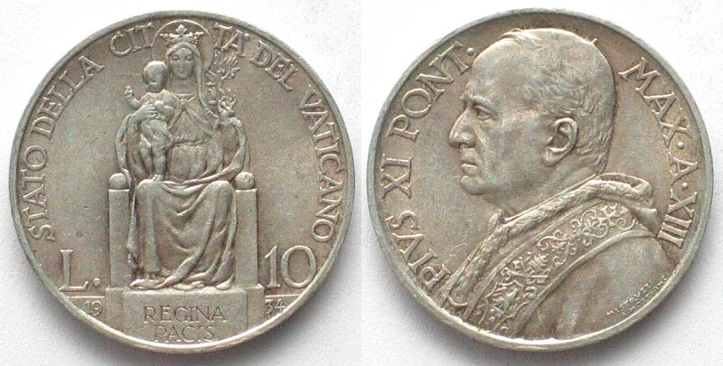 VATICAN. 10 Lire 1934, PIUS XI, silver, UNC-! KM# 8.