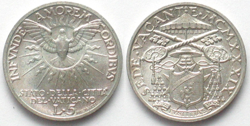 VATICAN. 5 Lire 1939, Sede Vacante, silver, BU, KM# 20.