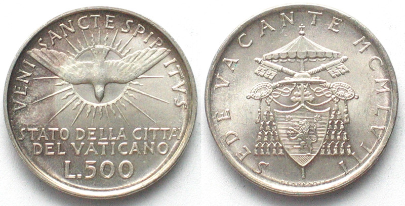 VATICAN. 500 Lire 1958, Sede Vacante, silver, BU. KM# 57.