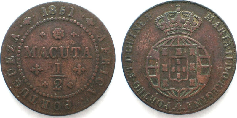 ANGOLA. Portuguese, 1/2 Macuta 1851, MARIA II, copper, VF, KM # 56