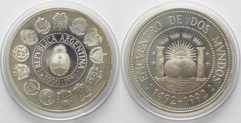 ARGENTINA 1000 Australes 1991 Discovery IBERO-AMERICA silver Proof SCARCE! , KM#...