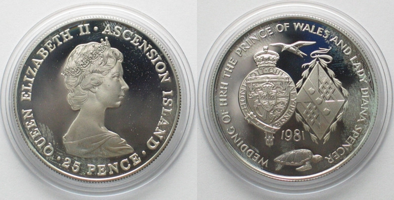 ASCENSION IS. 25 Pence 1981 CHARLES & DIANA silver Proof! , KM# 3b.
Weight: 28.2...