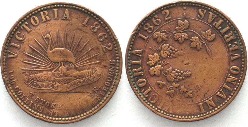 AUSTRALIA. Penny Token 1862, T. STOKES, Melbourne, Victoria copper, VF KM # Tn23...