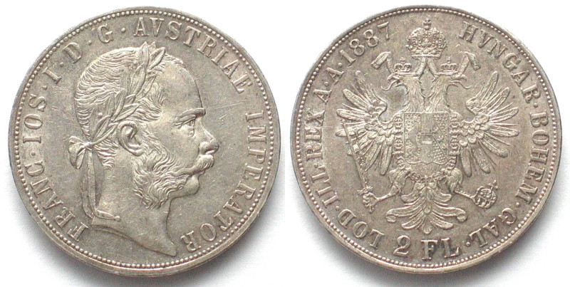 AUSTRIA 2 Florin 1887 FRANZ JOSEPH I silver UNC-! / ÖSTERREICH. K.u.K. Doppelgul...