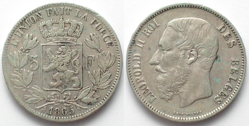 BELGIUM. 5 Francs 1865, Pos. A, Leopold II, silver, key date! VF+, KM# 24.