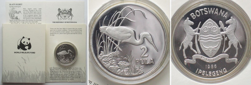 BOTSWANA 2 Pula 1986 Slaty egret WWF silver Proof! , KM# 18, weight: 28.28g (0.9...