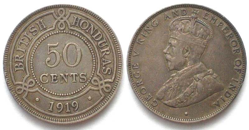 BRITISH HONDURAS. 50 Cents 1919, GEORGE V, silver, VF+, SCARCE! KM # 18