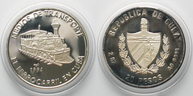 CUBA 20 Pesos 1994 Cuban Raylways TRANSPORTATION silver 2 oz RARE! Weight: 62.2g...