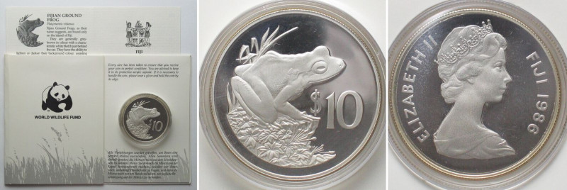 FIJI 10 Dollars 1986 Frog WWF silver Proof! , KM# 55. Weight: 28.28 g (0.925), 2...