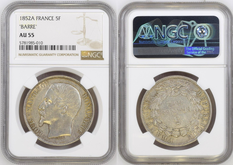 FRANCE. 5 Francs 1852 A, LOUIS-NAPOLEON BONAPARTE, silver, NGC AU 55, KM # 773.1...