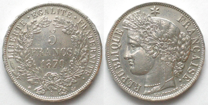 FRANCE. 5 Francs 1870 A, CERES, silver, SCARCE! AU! Gadoury 743, KM # 819