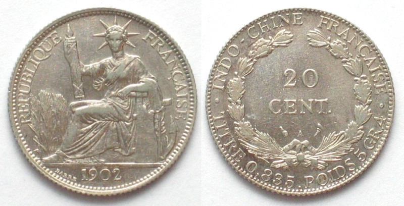 FRENCH INDO-CHINA. 20 Cents 1902 A, silver, AU, KM# 10