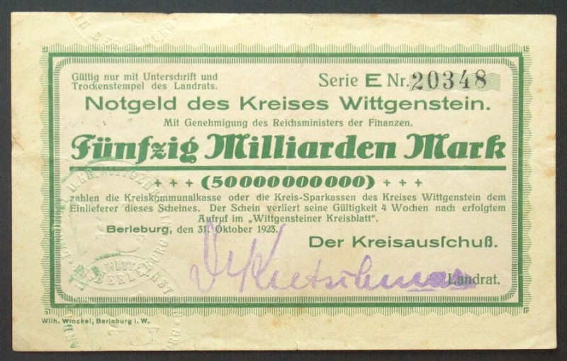 GERMANY. Notgeld. Kreis Wittgenstein, 50 Billion Mark 31.10.1923, VF+, rare! Wit...