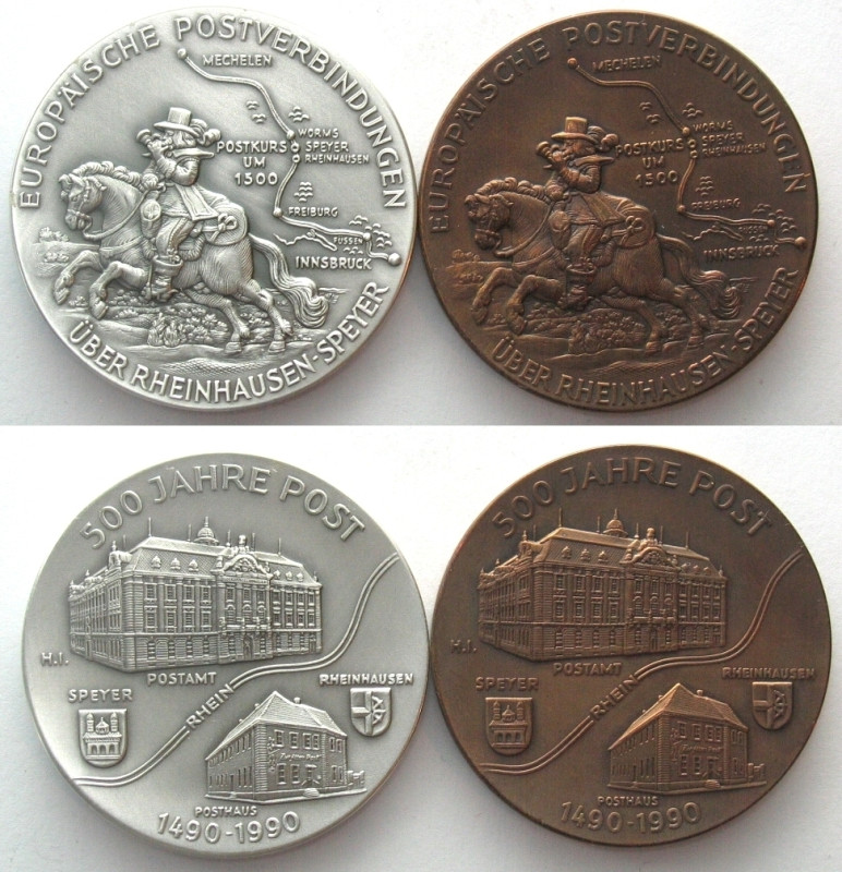 500 JAHRE POST. Medaille 1990, in Feinsilber & Bronze, 50mm, RAR! UNC Silber: 64...