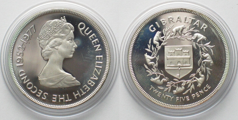 GIBRALTAR 25 Pence 1977 Silver Jubilee ELIZABETH II silver Proof! , KM# 6a, Weig...