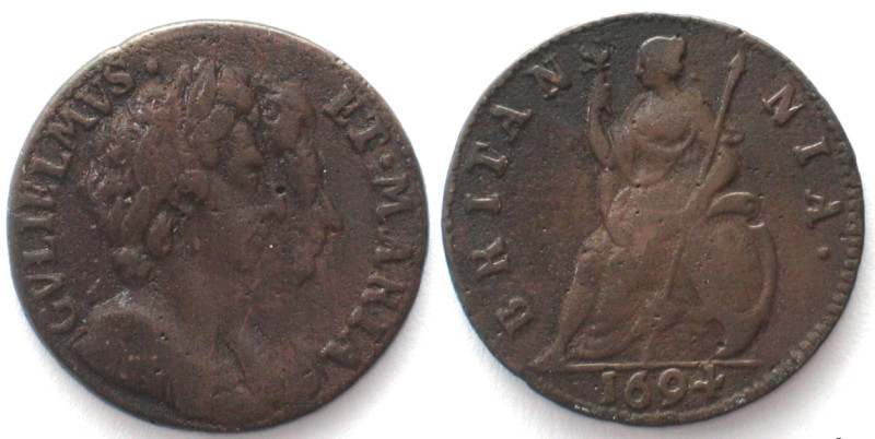 GREAT BRITAIN. Farthing 1694, William & Mary, no stop after MARIA, copper, VF Se...