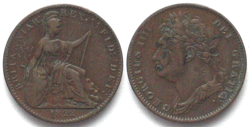 GREAT BRITAIN. Farthing 1822, George IV, copper, VF+, KM# 677.