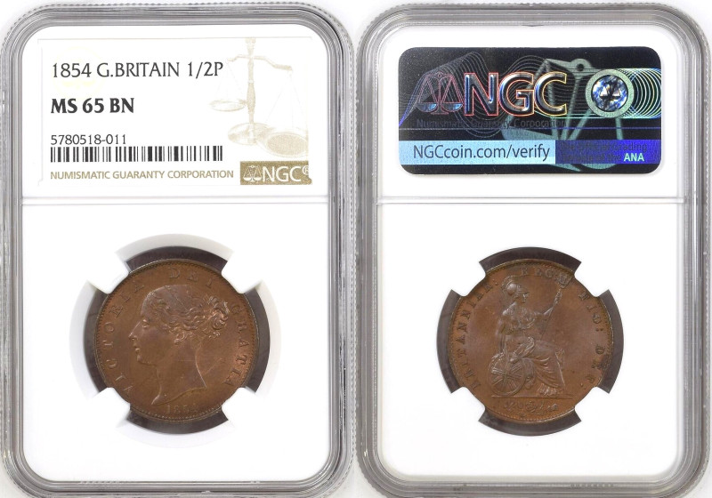 GREAT BRITAIN. Halfpenny 1854 VICTORIA, copper, NGC MS 65 BN KM # 726