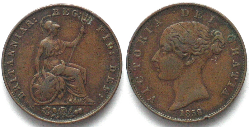 GREAT BRITAIN. 1/2 Penny 1858, Victoria, copper, VF+, KM# 726.