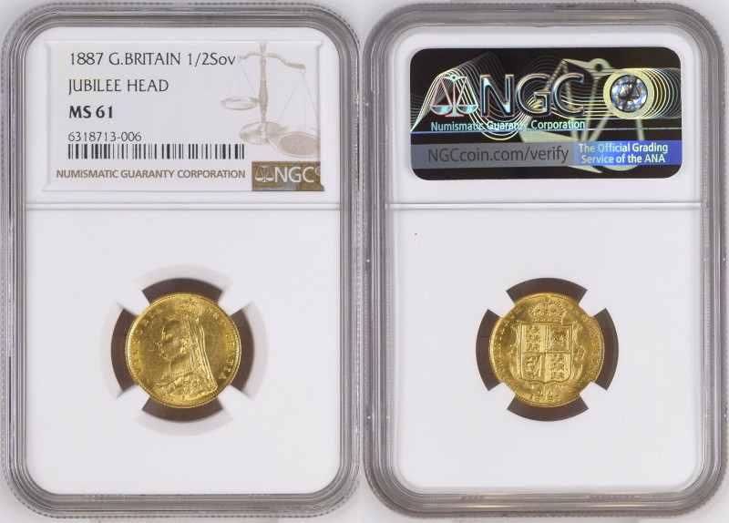 GREAT BRITAIN. 1/2 Sovereign 1887, VICTORIA, gold NGC MS 61, KM # 766