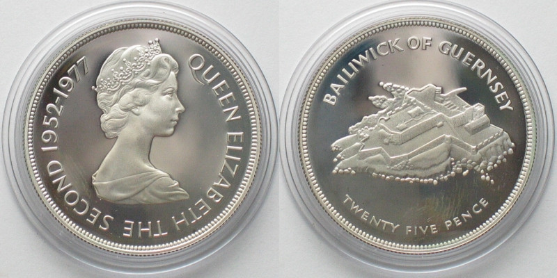 GUERNSEY 25 Pence (Crown) 1977 SILVER JUBILEE Elizabeth II silver Proof! , KM 31...