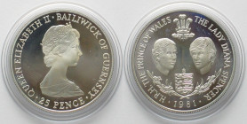 GUERNSEY 25 Pence 1981 Royal Wedding CHARLES & DIANA silver Proof