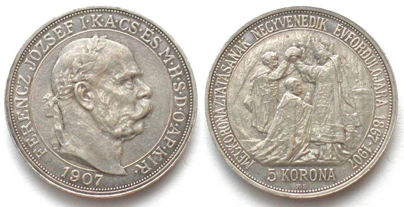 HUNGARY. 5 Korona 1907, 40th Anniversary of Reign, Franz Joseph I, silver, AU! K...