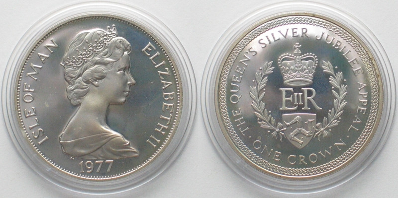 ISLE OF MAN Crown 1977 Queen ELISABETH II Silver Jubilee silver Proof! Weight: 2...